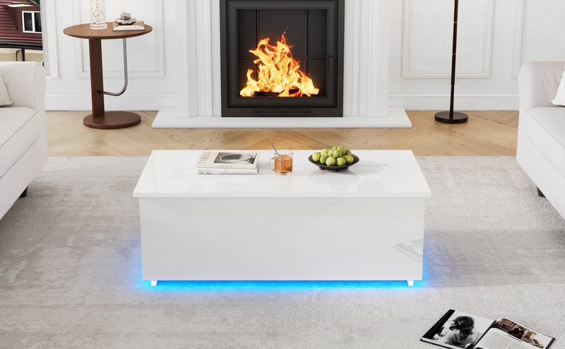 Table Basse Relevable Hydraulique Blanche Laquée avec LED RGB, Rangement Caché et Ports USB (100x50x35-60cm)  WHITE