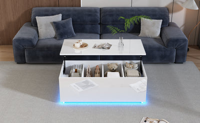 Table Basse Relevable Hydraulique Blanche Laquée avec LED RGB, Rangement Caché et Ports USB (100x50x35-60cm)  WHITE
