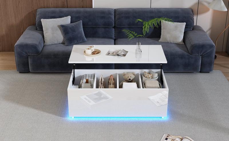 Table Basse Relevable Hydraulique Blanche Laquée avec LED RGB, Rangement Caché et Ports USB (100x50x35-60cm)  WHITE
