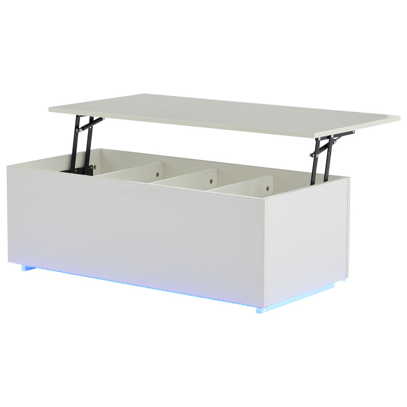 Table Basse Relevable Hydraulique Blanche Laquée avec LED RGB, Rangement Caché et Ports USB (100x50x35-60cm)  WHITE