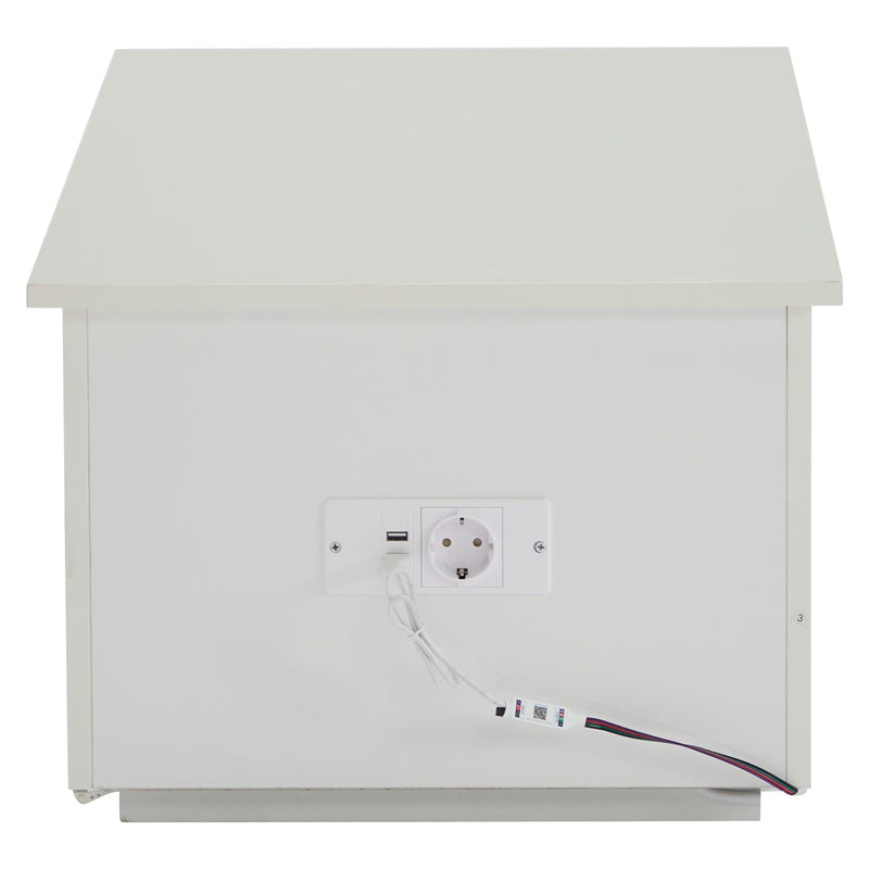Table Basse Relevable Hydraulique Blanche Laquée avec LED RGB, Rangement Caché et Ports USB (100x50x35-60cm)  WHITE