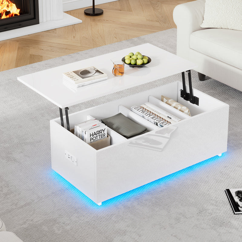 Table Basse Relevable Hydraulique Blanche Laquée avec LED RGB, Rangement Caché et Ports USB (100x50x35-60cm)  WHITE