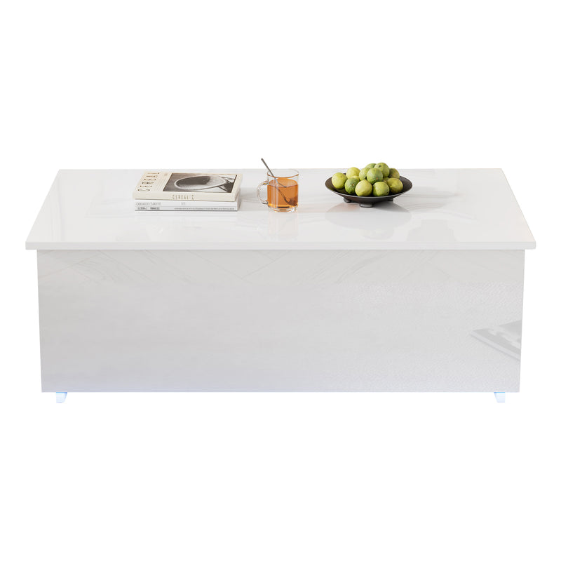 Table Basse Relevable Hydraulique Blanche Laquée avec LED RGB, Rangement Caché et Ports USB (100x50x35-60cm)  WHITE