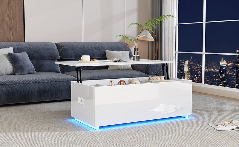 Table Basse Relevable Hydraulique Blanche Laquée avec LED RGB, Rangement Caché et Ports USB (100x50x35-60cm)  WHITE