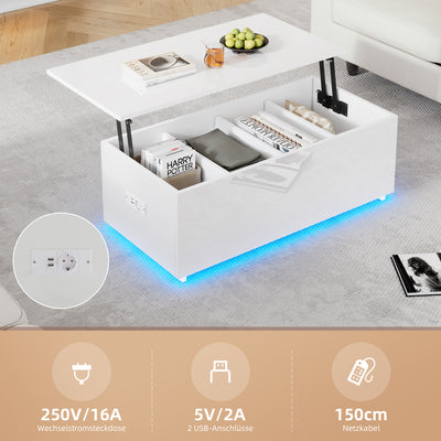 Table Basse Relevable Hydraulique Blanche Laquée avec LED RGB, Rangement Caché et Ports USB (100x50x35-60cm)  WHITE