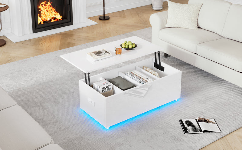 Table Basse Relevable Hydraulique Blanche Laquée avec LED RGB, Rangement Caché et Ports USB (100x50x35-60cm)  WHITE