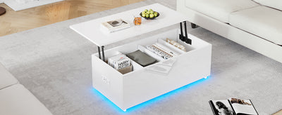 Table Basse Relevable Hydraulique Blanche Laquée avec LED RGB, Rangement Caché et Ports USB (100x50x35-60cm)  WHITE