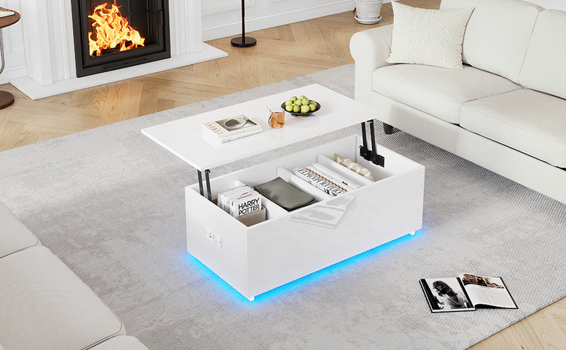 Table Basse Relevable Hydraulique Blanche Laquée avec LED RGB, Rangement Caché et Ports USB (100x50x35-60cm)  WHITE