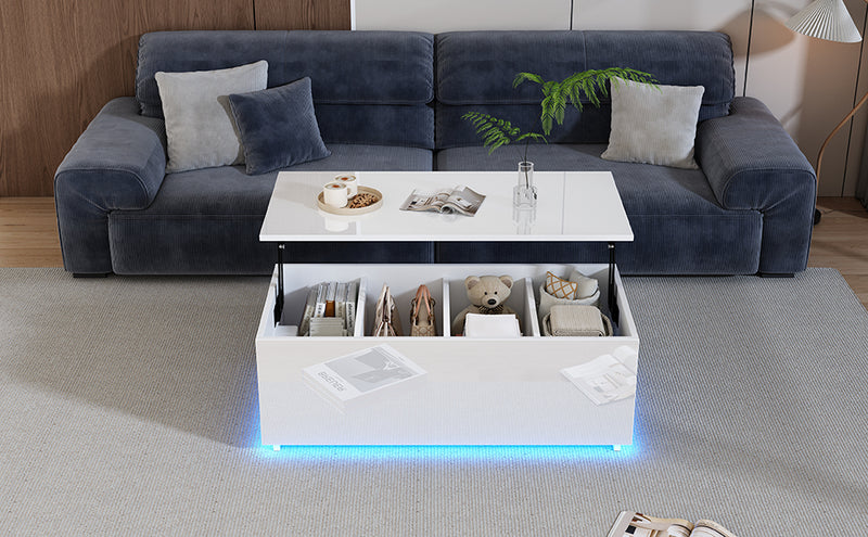 Table Basse Relevable Hydraulique Blanche Laquée avec LED RGB, Rangement Caché et Ports USB (100x50x35-60cm)  WHITE