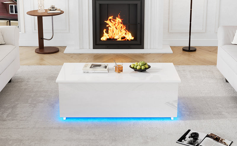 Table Basse Relevable Hydraulique Blanche Laquée avec LED RGB, Rangement Caché et Ports USB (100x50x35-60cm)  WHITE