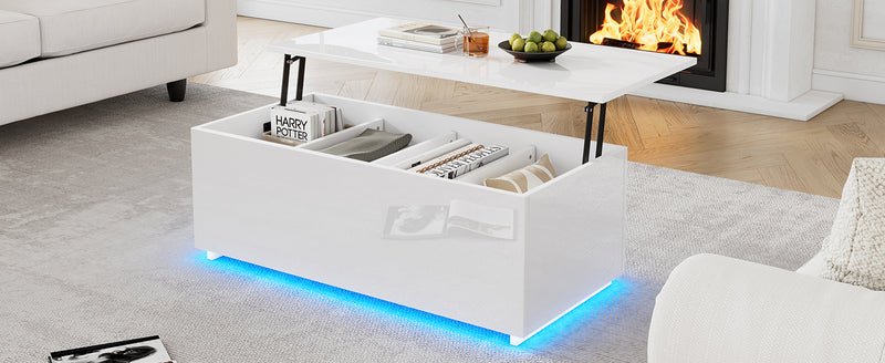 Table Basse Relevable Hydraulique Blanche Laquée avec LED RGB, Rangement Caché et Ports USB (100x50x35-60cm)  WHITE