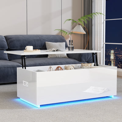 Table Basse Relevable Hydraulique Blanche Laquée avec LED RGB, Rangement Caché et Ports USB (100x50x35-60cm)  WHITE