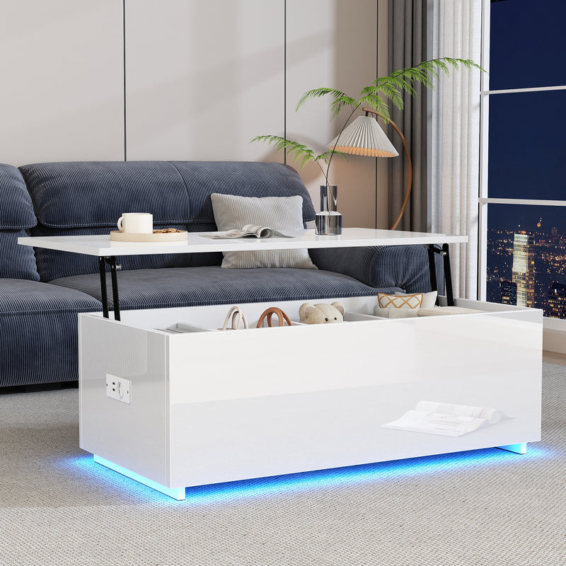 Table Basse Relevable Hydraulique Blanche Laquée avec LED RGB, Rangement Caché et Ports USB (100x50x35-60cm)  WHITE