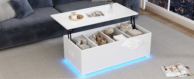 Table Basse Relevable Hydraulique Blanche Laquée avec LED RGB, Rangement Caché et Ports USB (100x50x35-60cm)  WHITE