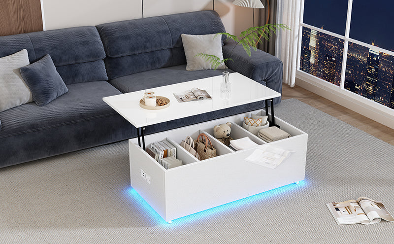 Table Basse Relevable Hydraulique Blanche Laquée avec LED RGB, Rangement Caché et Ports USB (100x50x35-60cm)  WHITE