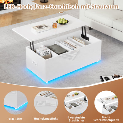 Table Basse Relevable Hydraulique Blanche Laquée avec LED RGB, Rangement Caché et Ports USB (100x50x35-60cm)  WHITE