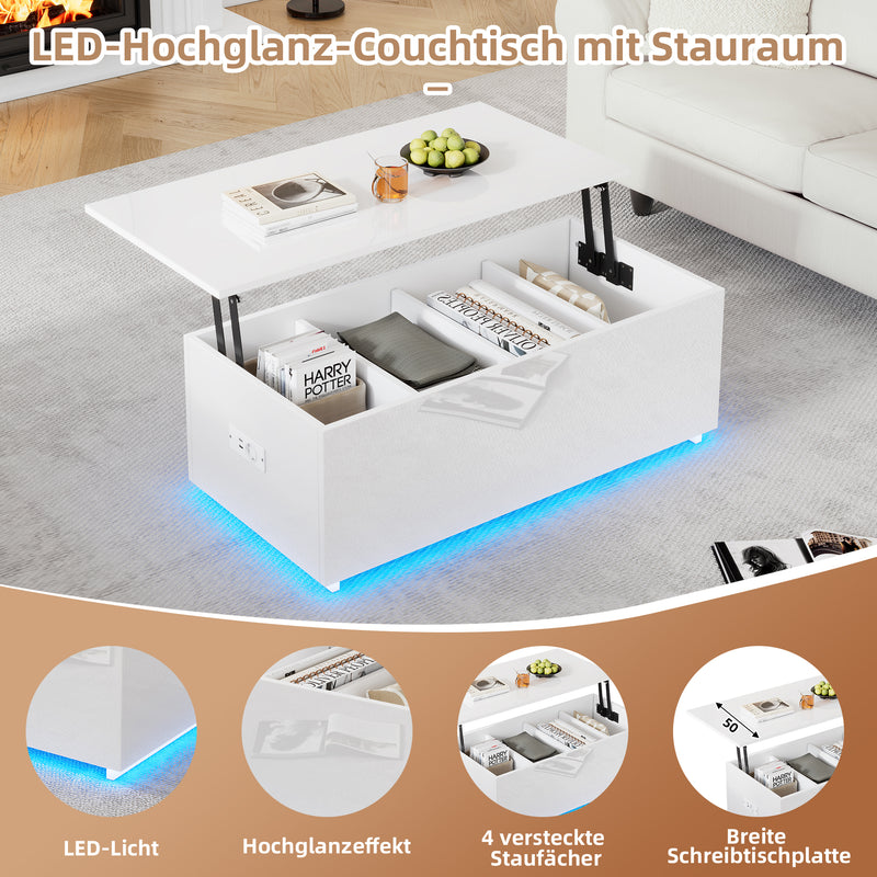 Table Basse Relevable Hydraulique Blanche Laquée avec LED RGB, Rangement Caché et Ports USB (100x50x35-60cm)  WHITE
