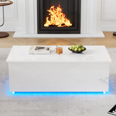 Table Basse Relevable Hydraulique Blanche Laquée avec LED RGB, Rangement Caché et Ports USB (100x50x35-60cm)  WHITE