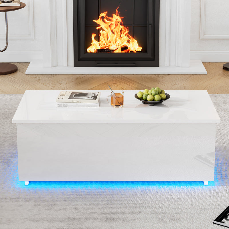 Table Basse Relevable Hydraulique Blanche Laquée avec LED RGB, Rangement Caché et Ports USB (100x50x35-60cm)  WHITE
