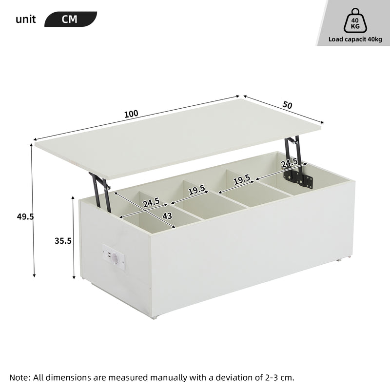 Table Basse Relevable Hydraulique Blanche Laquée avec LED RGB, Rangement Caché et Ports USB (100x50x35-60cm)  WHITE
