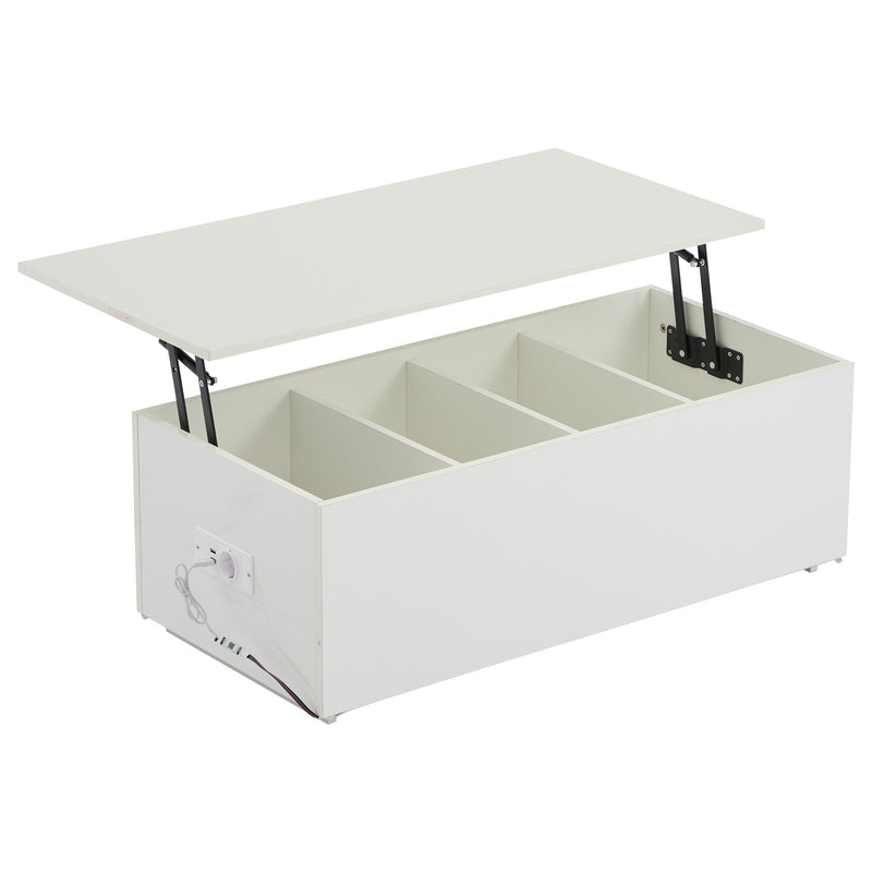 Table Basse Relevable Hydraulique Blanche Laquée avec LED RGB, Rangement Caché et Ports USB (100x50x35-60cm)  WHITE