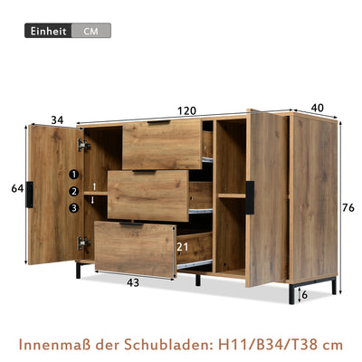 Commode / Buffet Industriel Moderne Chêne Foncé avec 3 Tiroirs, 2 Portes et Étagères Réglables (120x40x76cm) OMNAERS.