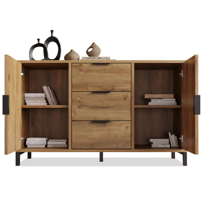 Commode / Buffet Industriel Moderne Chêne Foncé avec 3 Tiroirs, 2 Portes et Étagères Réglables (120x40x76cm) OMNAERS.