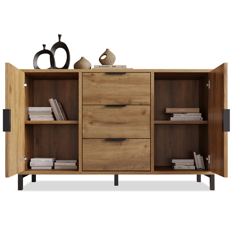 Commode / Buffet Industriel Moderne Chêne Foncé avec 3 Tiroirs, 2 Portes et Étagères Réglables (120x40x76cm) OMNAERS.
