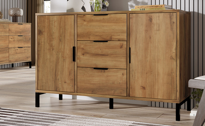 Commode / Buffet Industriel Moderne Chêne Foncé avec 3 Tiroirs, 2 Portes et Étagères Réglables (120x40x76cm) OMNAERS.
