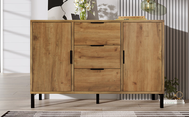 Commode / Buffet Industriel Moderne Chêne Foncé avec 3 Tiroirs, 2 Portes et Étagères Réglables (120x40x76cm) OMNAERS.