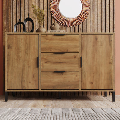 Commode / Buffet Industriel Moderne Chêne Foncé avec 3 Tiroirs, 2 Portes et Étagères Réglables (120x40x76cm) OMNAERS.