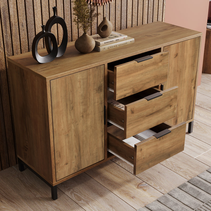 Commode / Buffet Industriel Moderne Chêne Foncé avec 3 Tiroirs, 2 Portes et Étagères Réglables (120x40x76cm) OMNAERS.