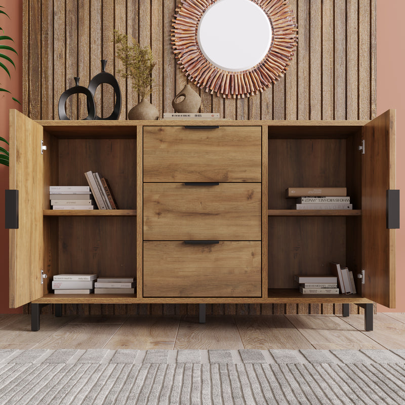 Commode / Buffet Industriel Moderne Chêne Foncé avec 3 Tiroirs, 2 Portes et Étagères Réglables (120x40x76cm) OMNAERS.
