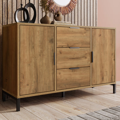 Commode / Buffet Industriel Moderne Chêne Foncé avec 3 Tiroirs, 2 Portes et Étagères Réglables (120x40x76cm) OMNAERS.