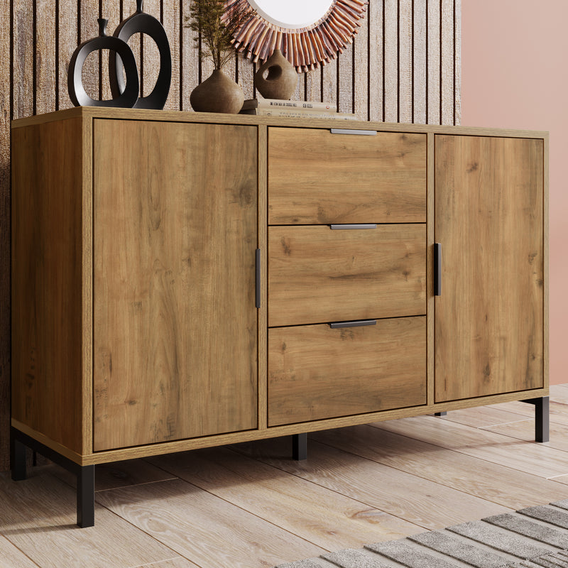 Commode / Buffet Industriel Moderne Chêne Foncé avec 3 Tiroirs, 2 Portes et Étagères Réglables (120x40x76cm) OMNAERS.
