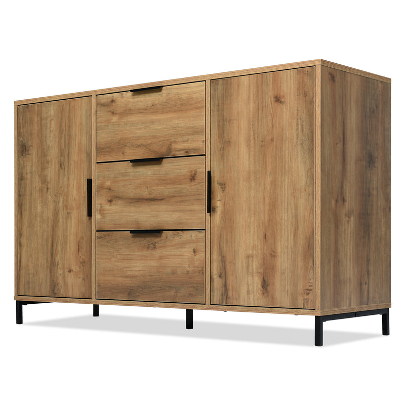 Commode / Buffet Industriel Moderne Chêne Foncé avec 3 Tiroirs, 2 Portes et Étagères Réglables (120x40x76cm) OMNAERS.