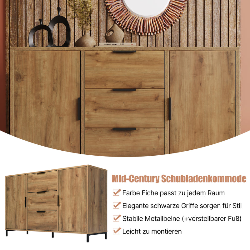 Commode / Buffet Industriel Moderne Chêne Foncé avec 3 Tiroirs, 2 Portes et Étagères Réglables (120x40x76cm) OMNAERS.