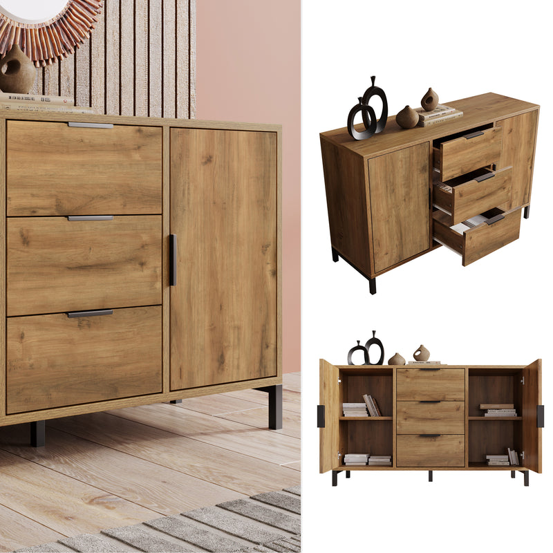 Commode / Buffet Industriel Moderne Chêne Foncé avec 3 Tiroirs, 2 Portes et Étagères Réglables (120x40x76cm) OMNAERS.