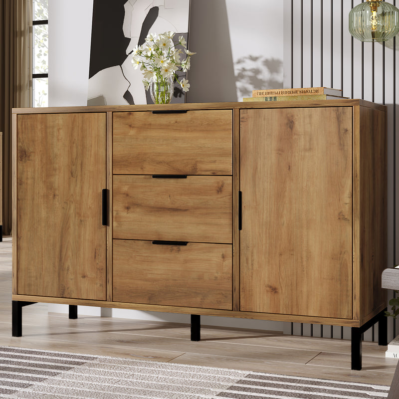 Commode / Buffet Industriel Moderne Chêne Foncé avec 3 Tiroirs, 2 Portes et Étagères Réglables (120x40x76cm) OMNAERS.