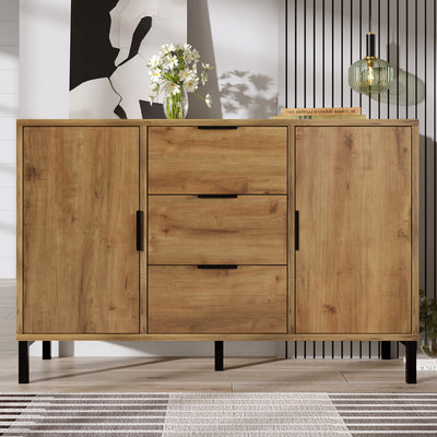 Commode / Buffet Industriel Moderne Chêne Foncé avec 3 Tiroirs, 2 Portes et Étagères Réglables (120x40x76cm) OMNAERS.
