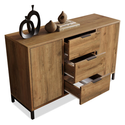 Commode / Buffet Industriel Moderne Chêne Foncé avec 3 Tiroirs, 2 Portes et Étagères Réglables (120x40x76cm) OMNAERS.