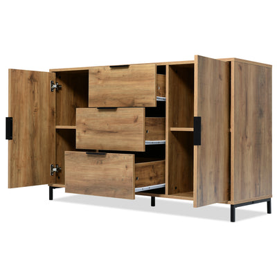 Commode / Buffet Industriel Moderne Chêne Foncé avec 3 Tiroirs, 2 Portes et Étagères Réglables (120x40x76cm) OMNAERS.