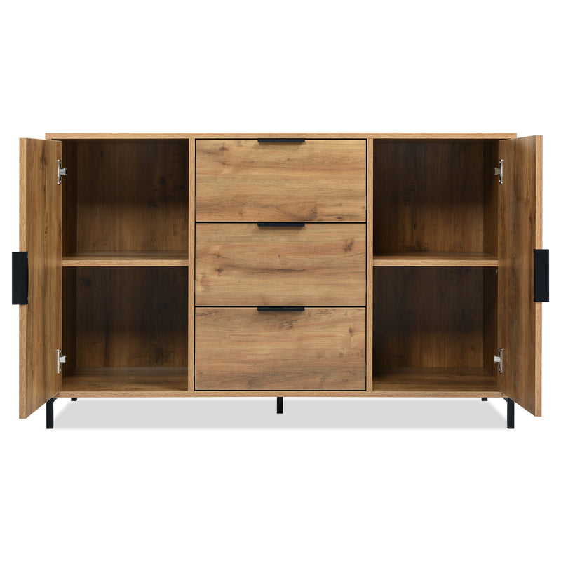 Commode / Buffet Industriel Moderne Chêne Foncé avec 3 Tiroirs, 2 Portes et Étagères Réglables (120x40x76cm) OMNAERS.