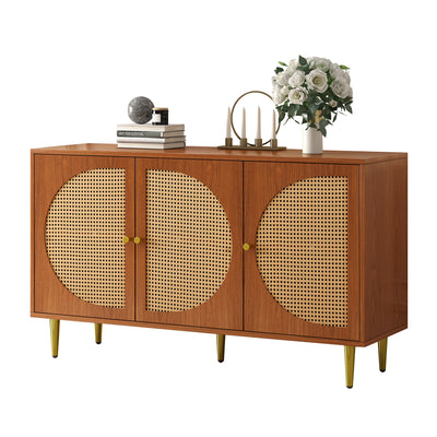Buffet Élégant Noyer avec 3 Portes en Rotin Tressé et Pieds Métalliques OMOILL