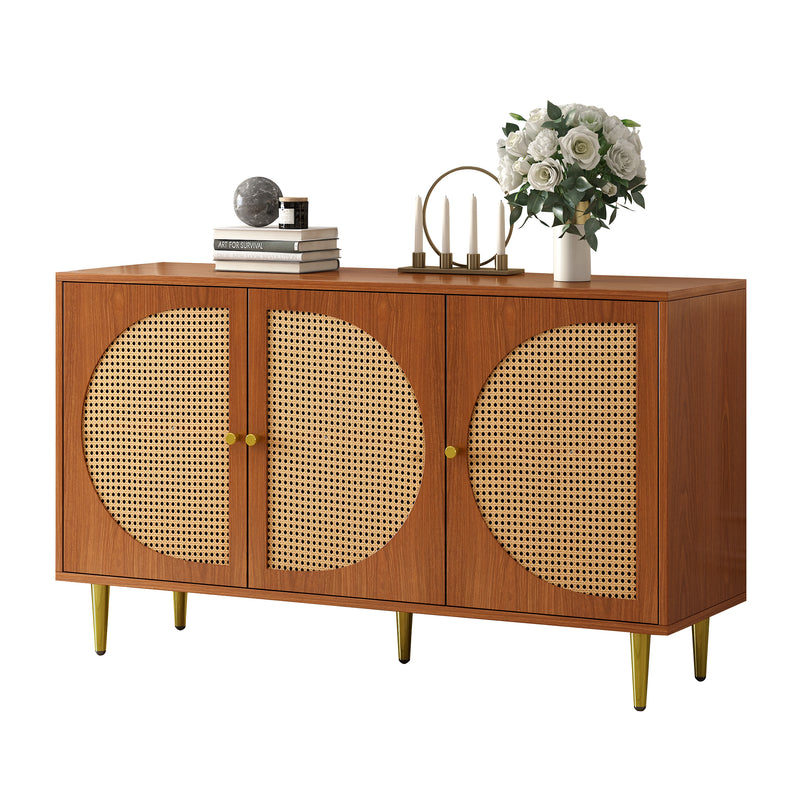 Buffet Élégant Noyer avec 3 Portes en Rotin Tressé et Pieds Métalliques OMOILL