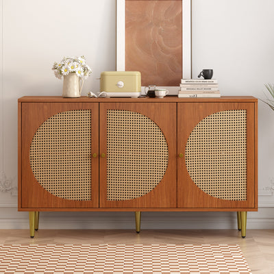 Buffet Élégant Noyer avec 3 Portes en Rotin Tressé et Pieds Métalliques OMOILL