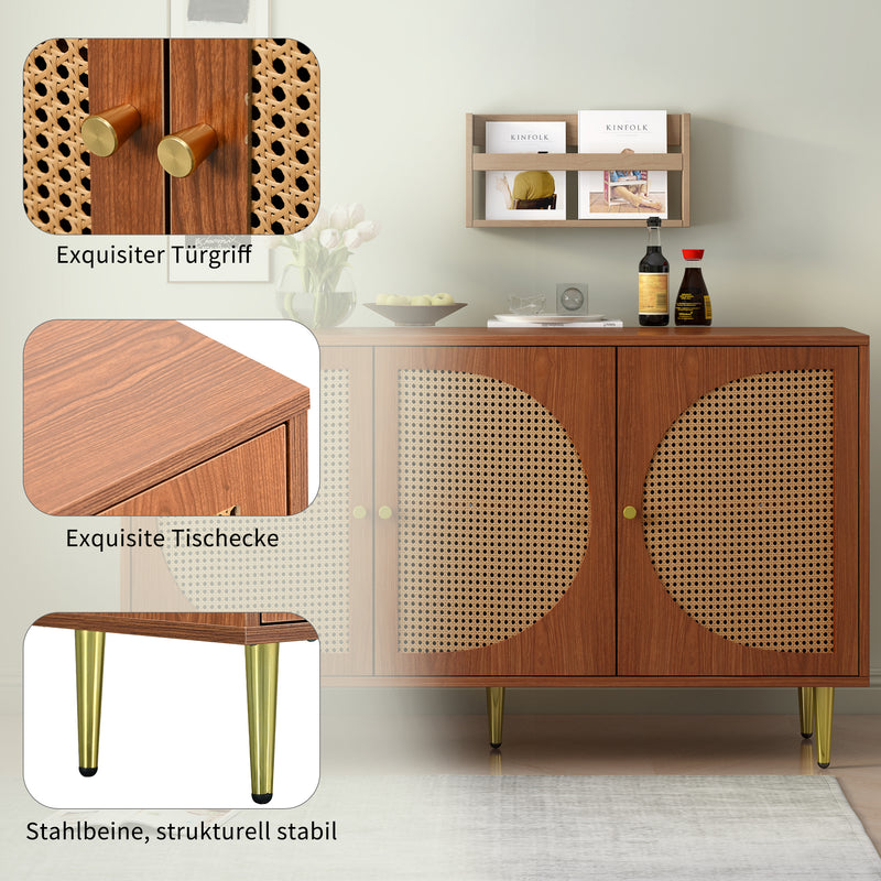 Buffet Élégant Noyer avec 3 Portes en Rotin Tressé et Pieds Métalliques OMOILL