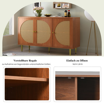 Buffet Élégant Noyer avec 3 Portes en Rotin Tressé et Pieds Métalliques OMOILL