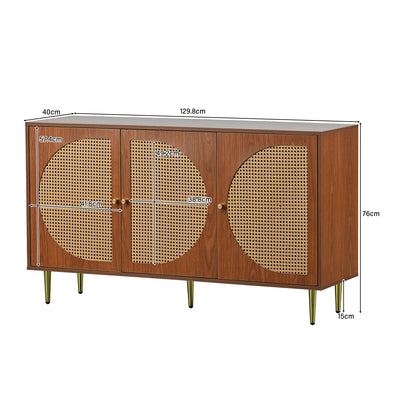 Buffet Élégant Noyer avec 3 Portes en Rotin Tressé et Pieds Métalliques OMOILL