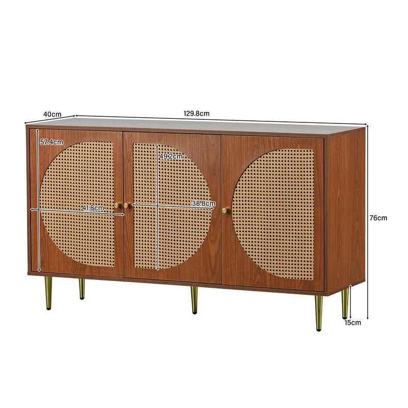 Buffet Élégant Noyer avec 3 Portes en Rotin Tressé et Pieds Métalliques OMOILL
